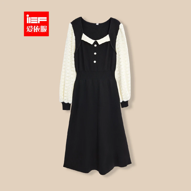 IEF/爱依服2023冬新款法式成熟优雅气质拼接设计毛织连衣中裙