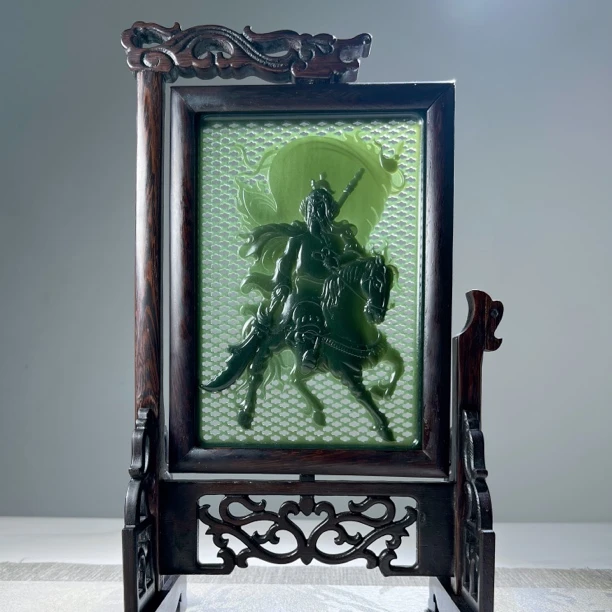 和田玉青玉摆件关公屏风