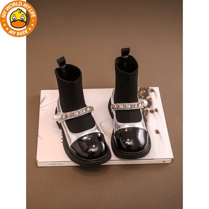 MYDUCK小黄鸭女童黑色皮鞋2024秋季儿童洋气公主鞋女孩学院风袜靴