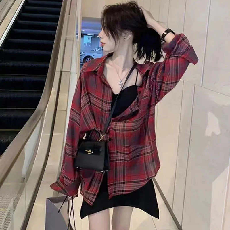 幂式穿搭格子衬衫夏季防晒衬衫宽松薄款小众衬衫长袖上衣外套女