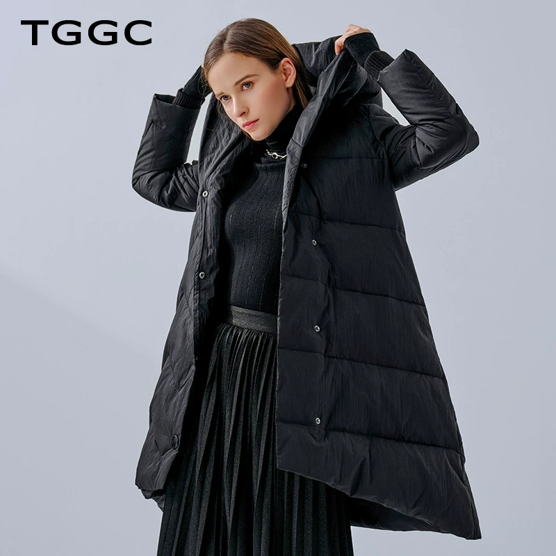 台绣羽绒服冬季女中长款连帽不规则黑色休闲宽松ECA5J155