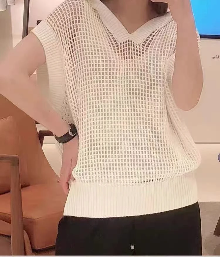 夏款镂空针织连帽休闲无袖遮肉背心 7691