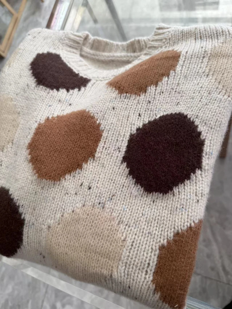 秋冬波点嵌花圆领5210女 加厚外穿休闲毛衣针织衫