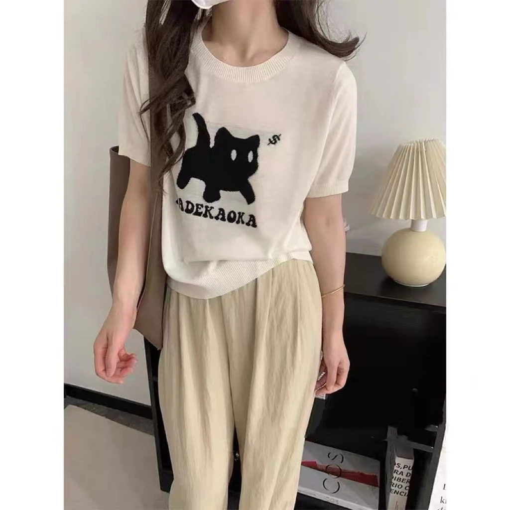 新款卡通猫咪字母减龄短袖针织衫女简约宽松圆领上衣3892