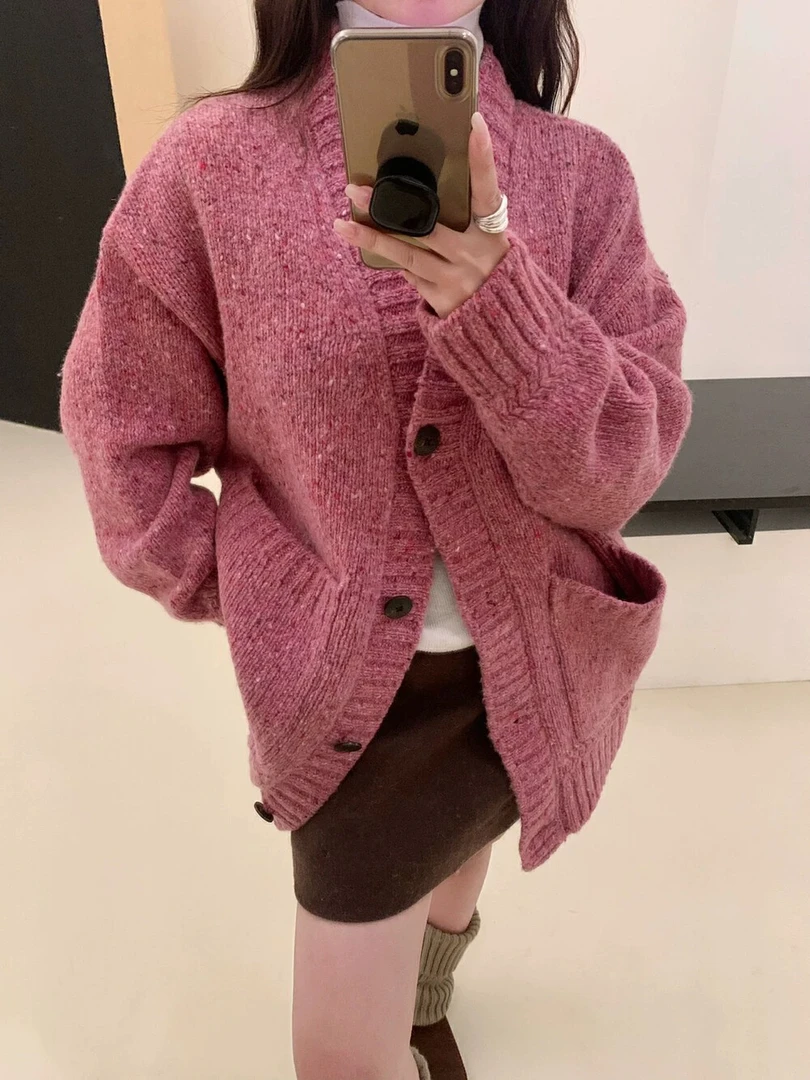 花纱6575开衫女V领秋冬新款针织毛衣外套宽松减龄外搭