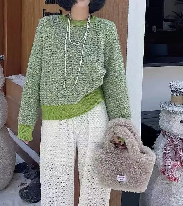 秋冬新款圆领6561女宽松套头毛衣针织打底衫纯色上衣