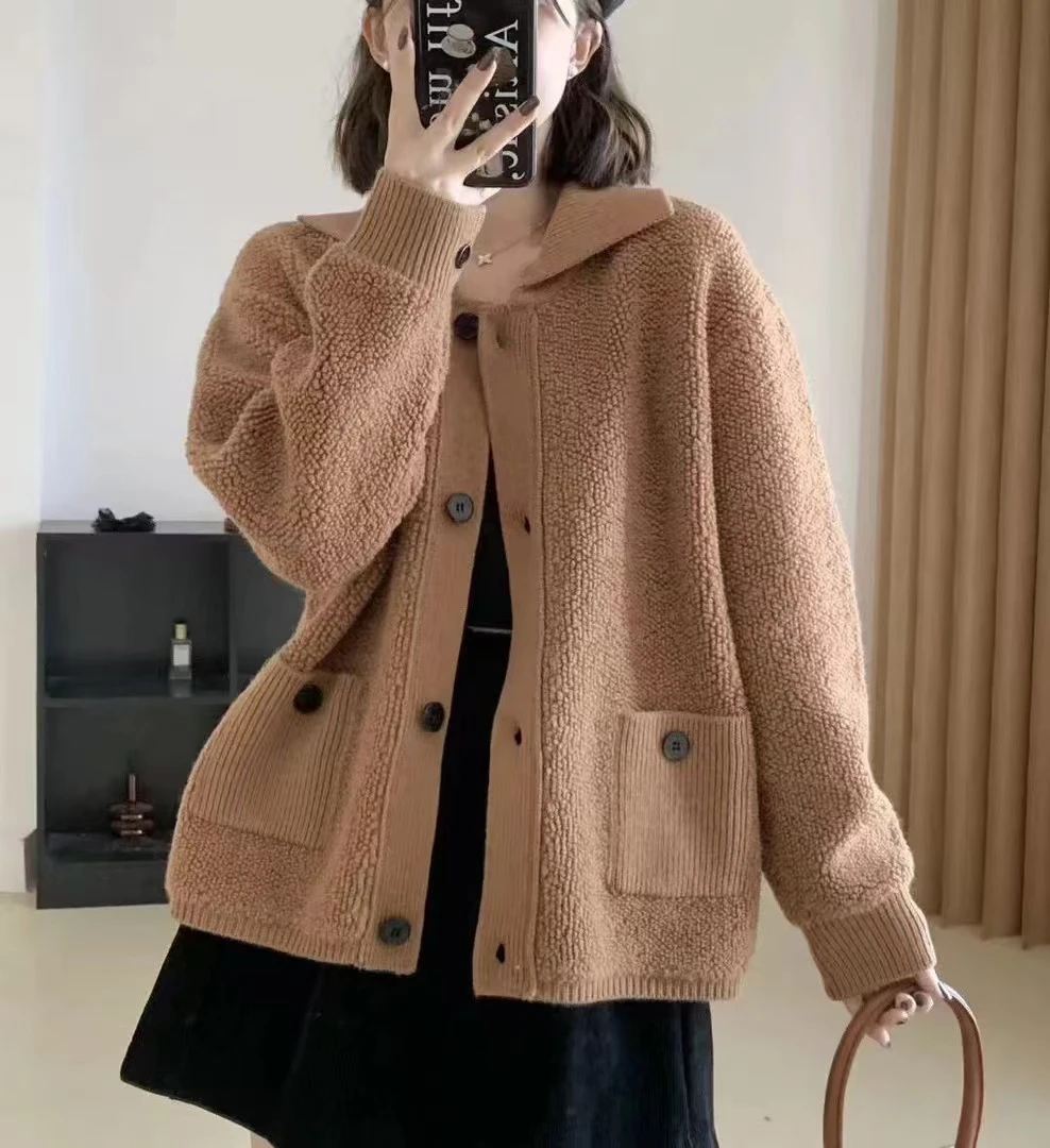 漫不经心的夺目！新款6253毛衣菱格翻领气质高级感小香风外套女