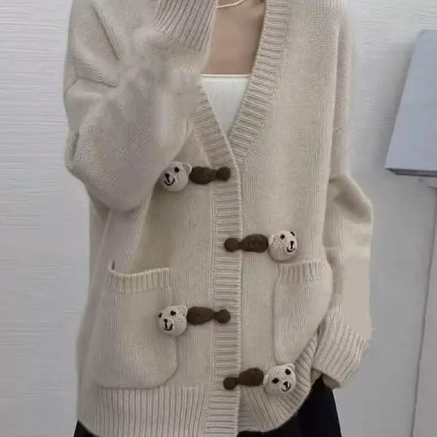 6550针织开衫女秋冬拼色立体小熊慵懒风毛衣外套