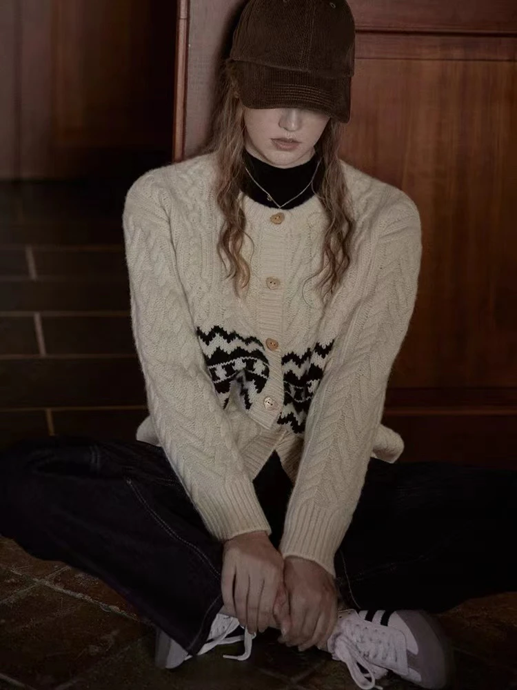 加厚提花法式复古毛衣开衫女冬费尔岛慵懒学院风外套2546