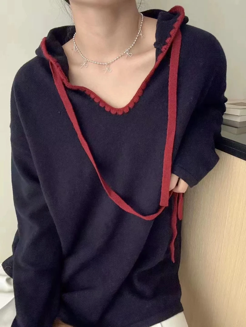 慵懒风连帽撞色条纹抽绳V领7148针织衫时尚休闲长袖套头上衣女