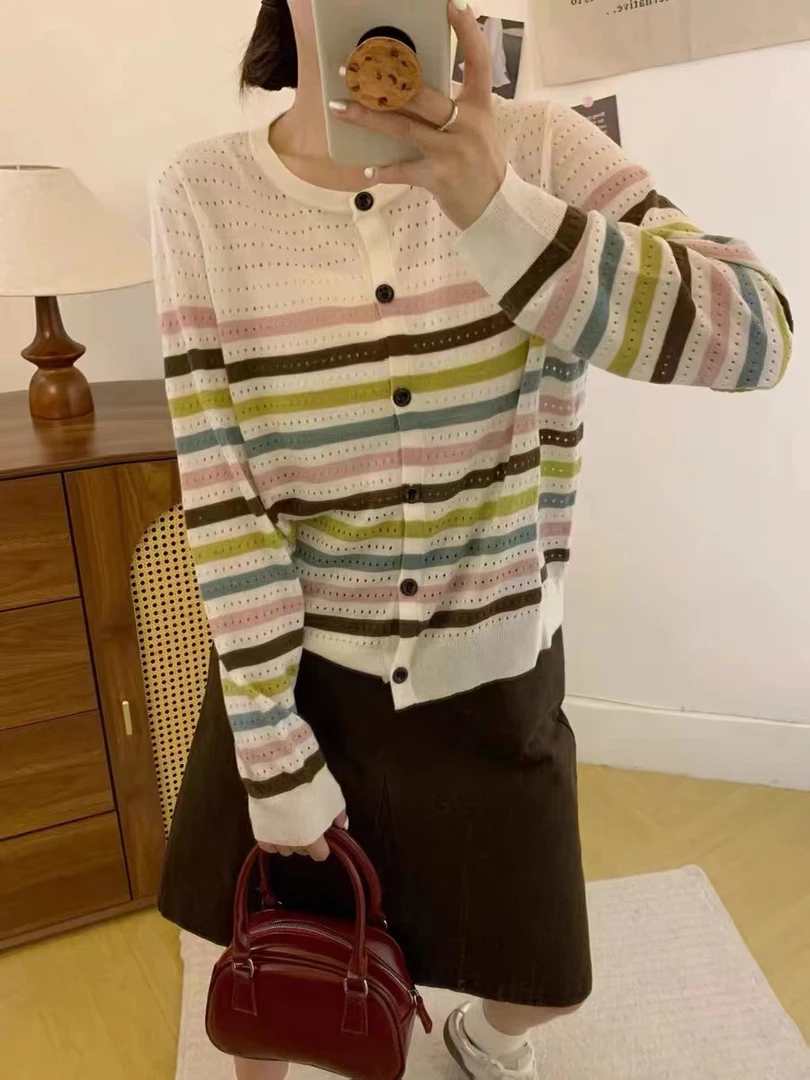 撞色渐变条纹美丽诺7955针织衫欧洲站2024秋季新款镂空长袖