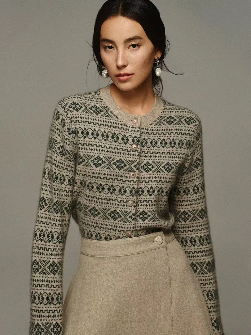 董洁同款费尔岛提花针织毛衣外套复古时髦加厚毛衣开衫6982