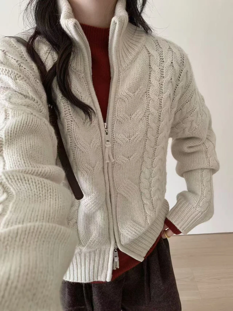 24年冬季新品 6914韩代系拉链开衫麻花高领外套毛衣