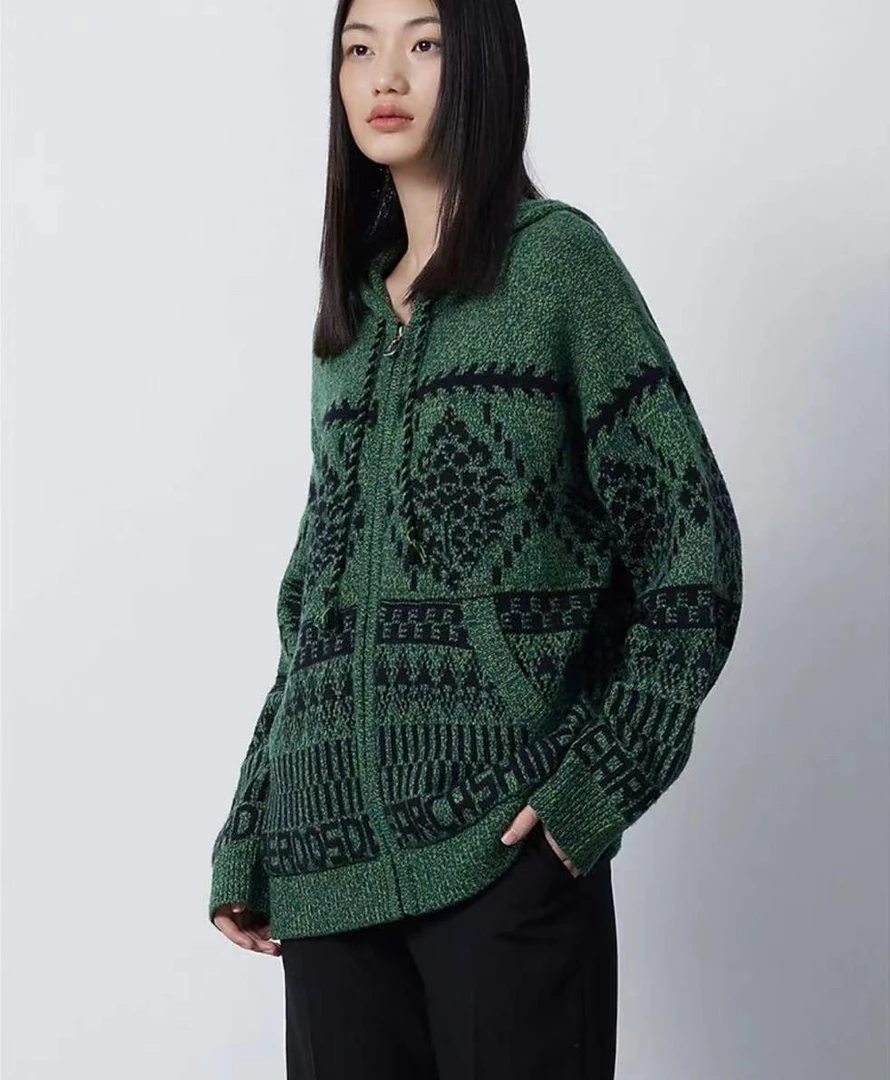 花纱复古4599虚提连帽针织开衫外套女秋冬宽松费尔岛毛衣4599