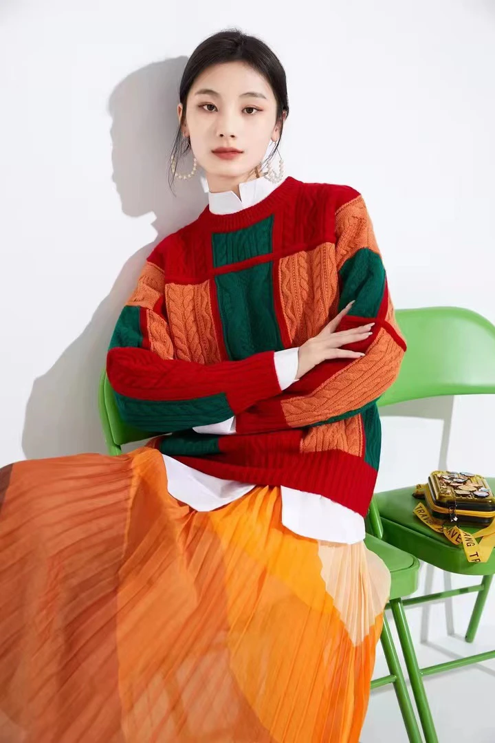 2123秋冬季宽松慵懒风毛衣百搭显瘦方块女针织上衣厚款