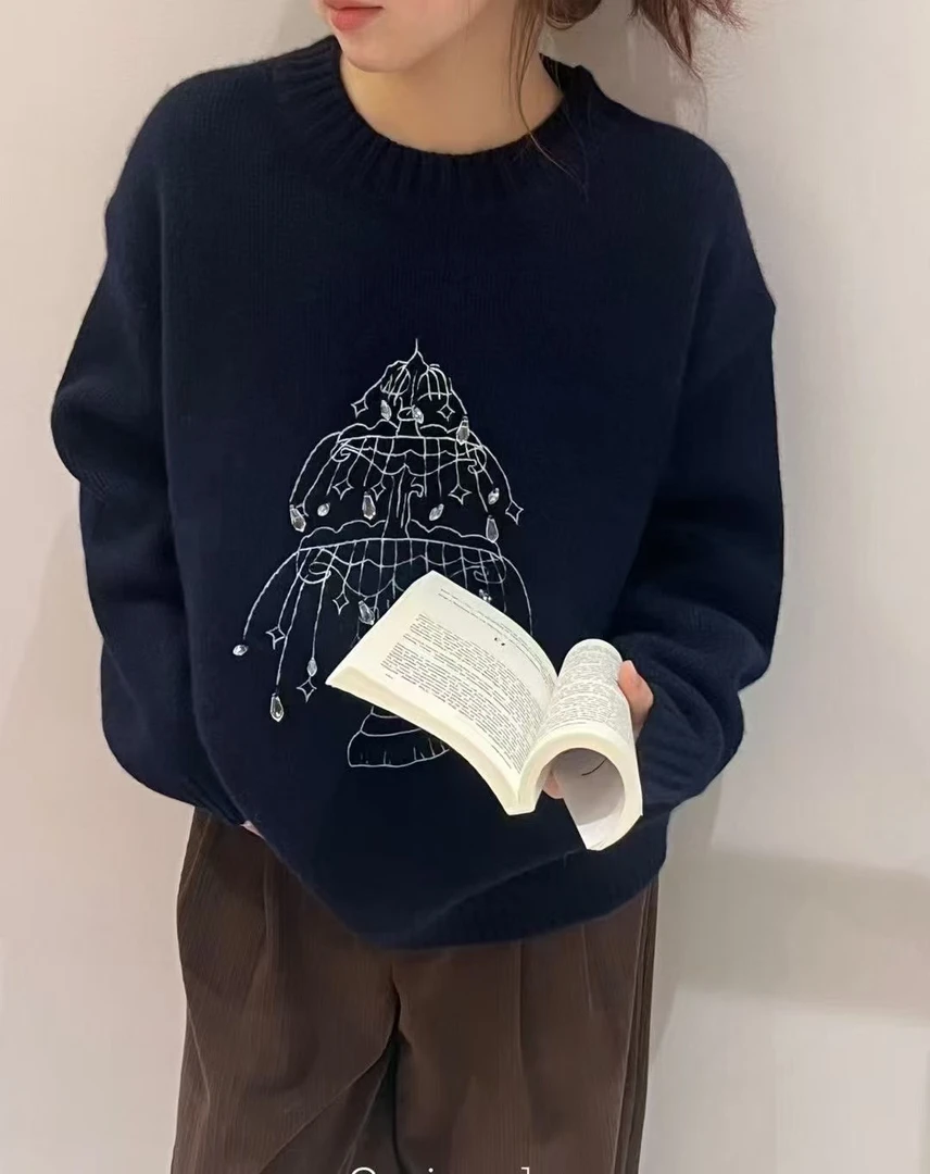 欧洲站2024秋冬欧货女装宽松圆领长袖提花套头毛衣6560