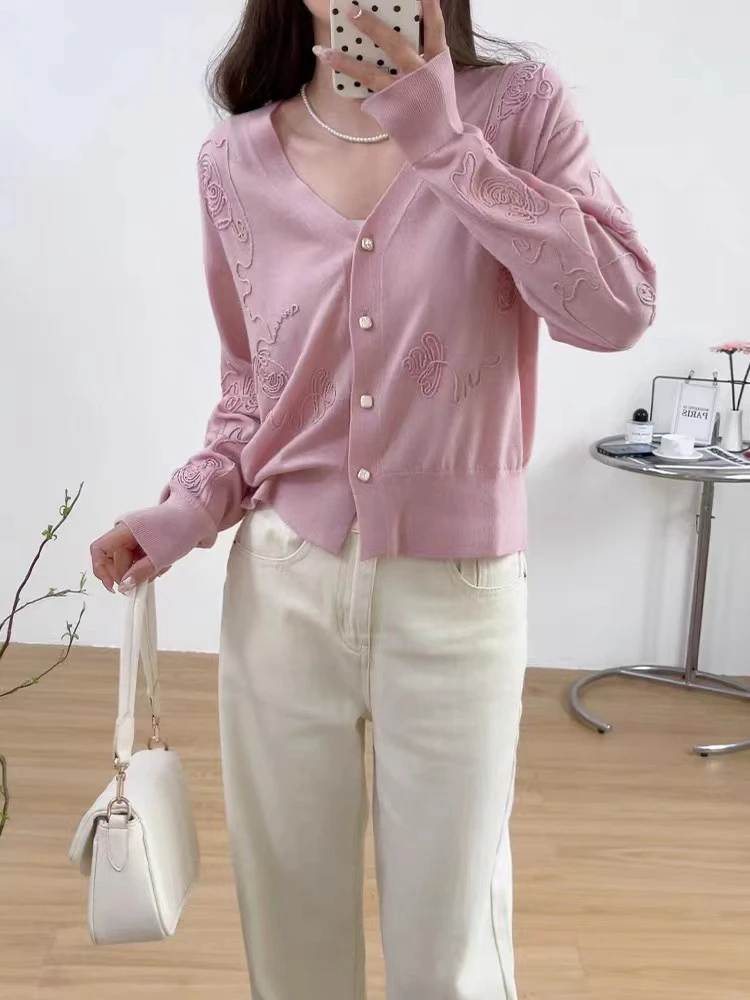 4321春季新款超针织衫V领开衫提花设计百搭上衣外套薄款空调衫