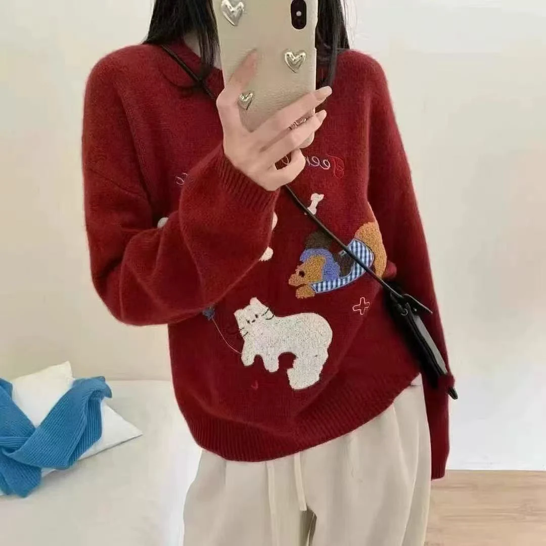小狗毛巾刺绣毛衣秋冬新款绣花圆领针织衫6942