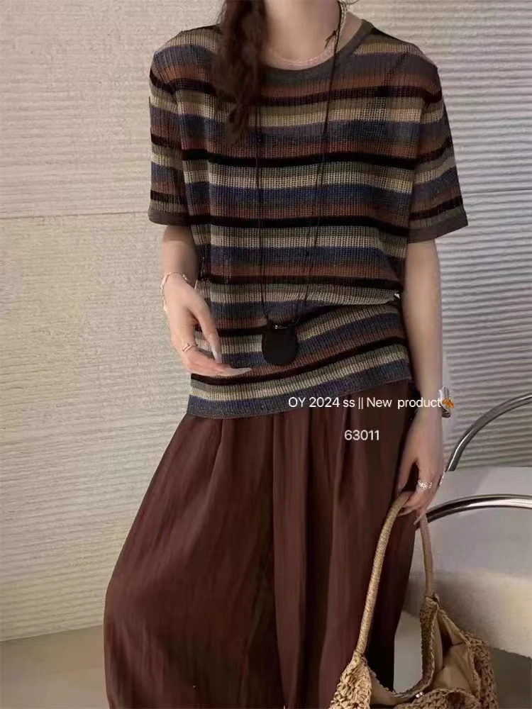 复古条纹圆领套头短袖针织衫欧货2024秋季新款百搭时尚上衣8327