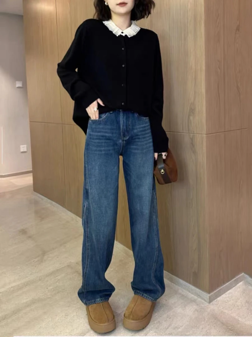 木耳蕾丝边针织开衫重工珍珠拼接软糯毛衣女4257