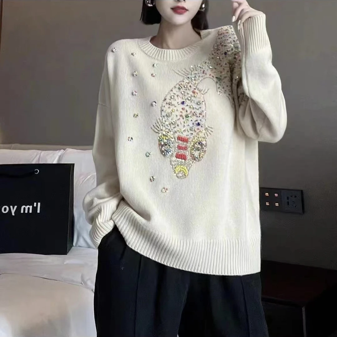 香港潮牌秋新款重工套头毛衣仙女钉珠镶钻女装洋气减龄上衣1273