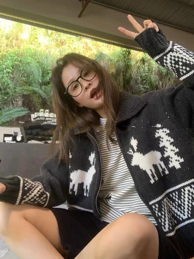 小鹿提花青果领毛衣开衫女外套1801