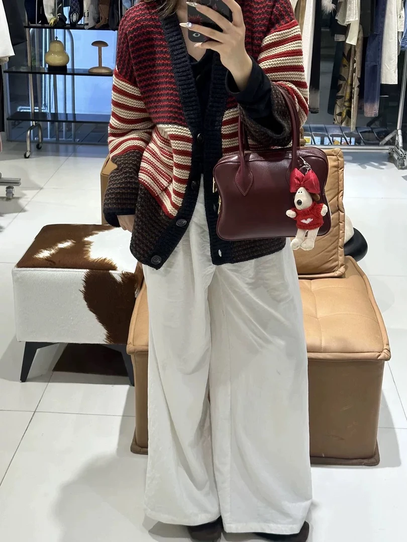 慵懒风宽松加厚开衫外套女秋冬2024百搭显瘦红色条纹针织5574