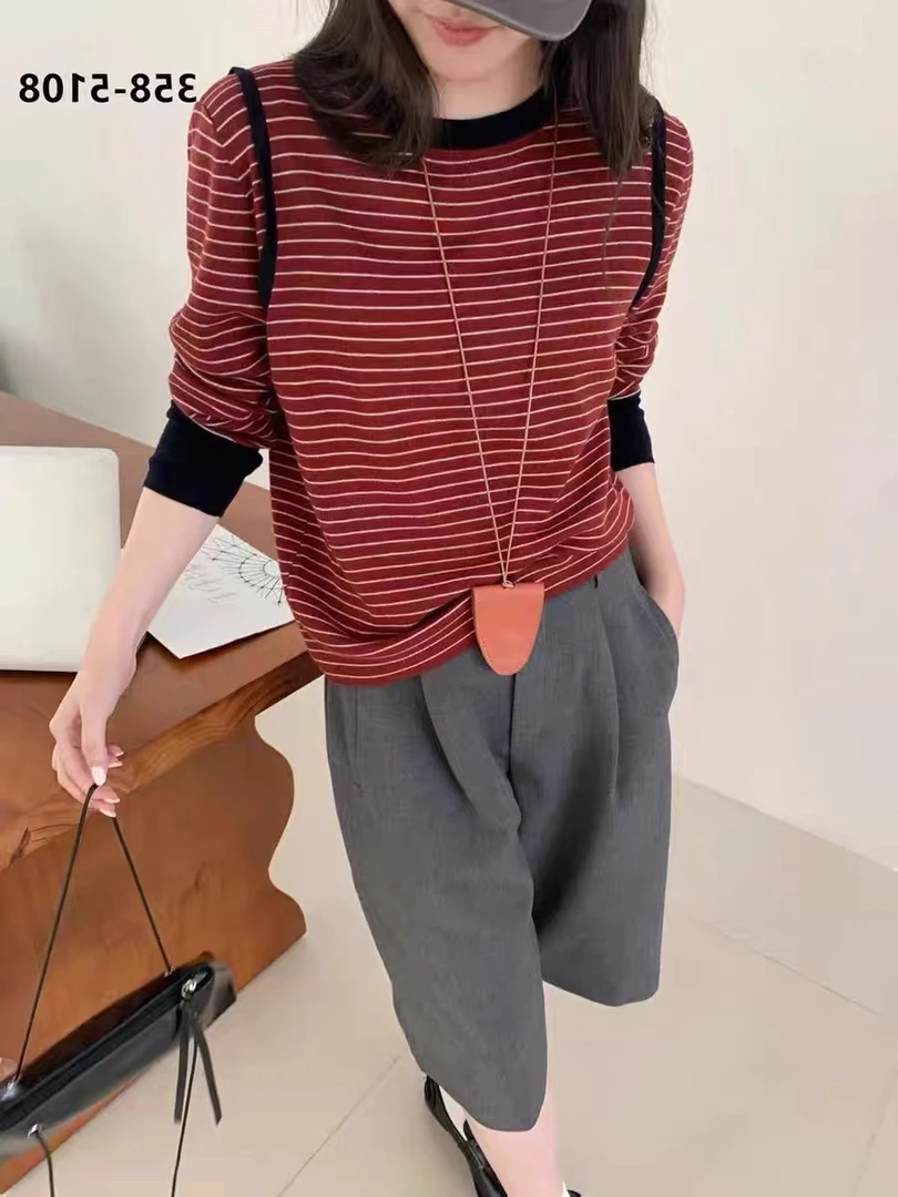 欧洲站秋冬新款韩版时尚圆领拼色肩膀3957条纹针织衫潮