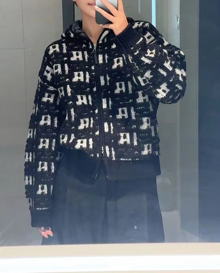 复古老花满印提花字母圆领拉链长袖毛衣休闲宽松针织衫6628