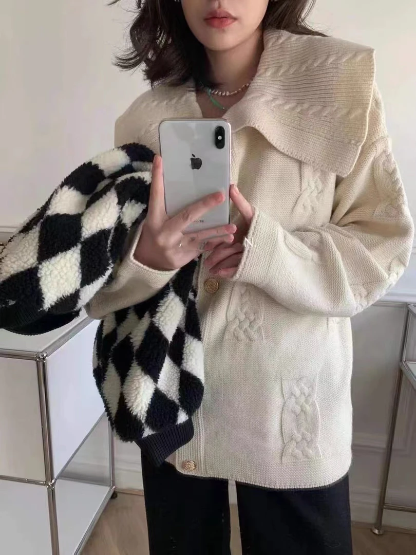 秋冬新款欧货大翻领1518针织开衫宽松减龄羊毛针织厚开衫