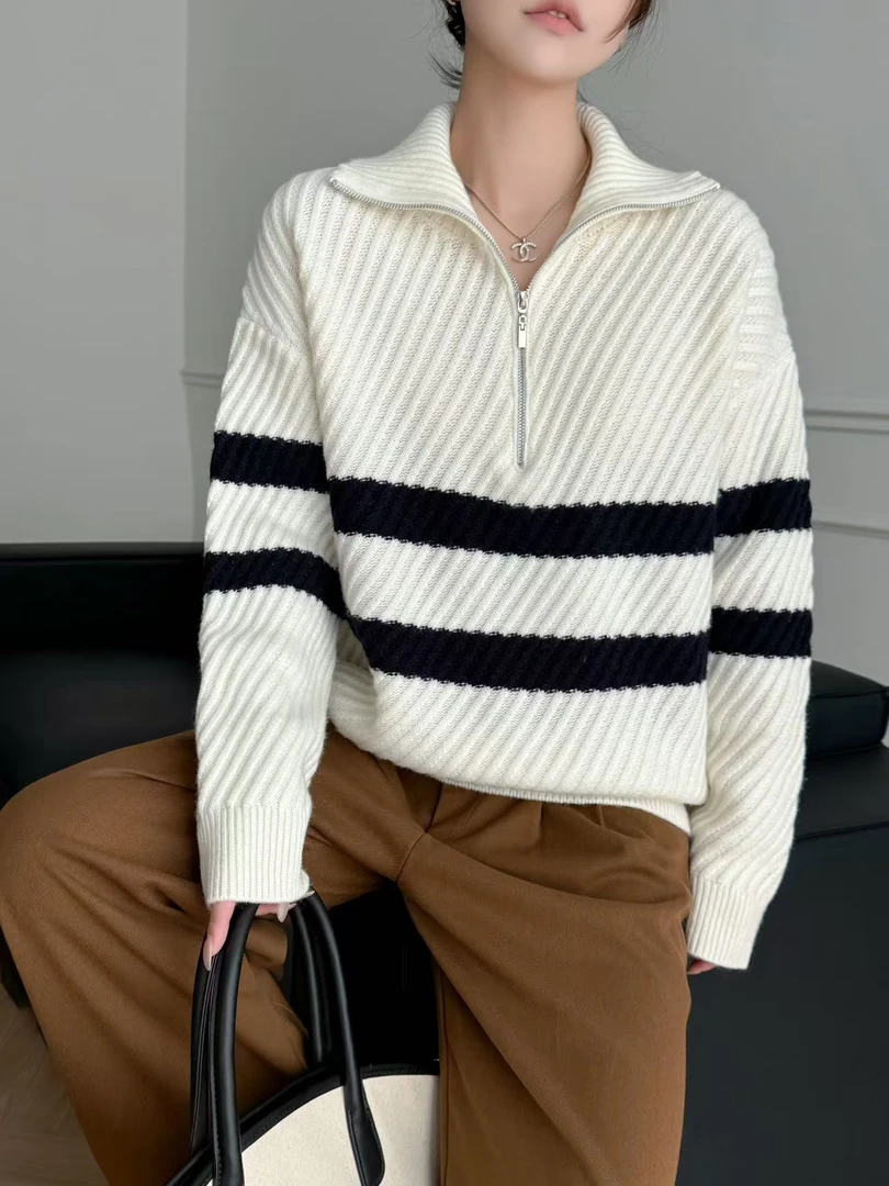 2024冬新款针织衫女款拉链大翻领6719长袖宽松高级感气质百搭上衣