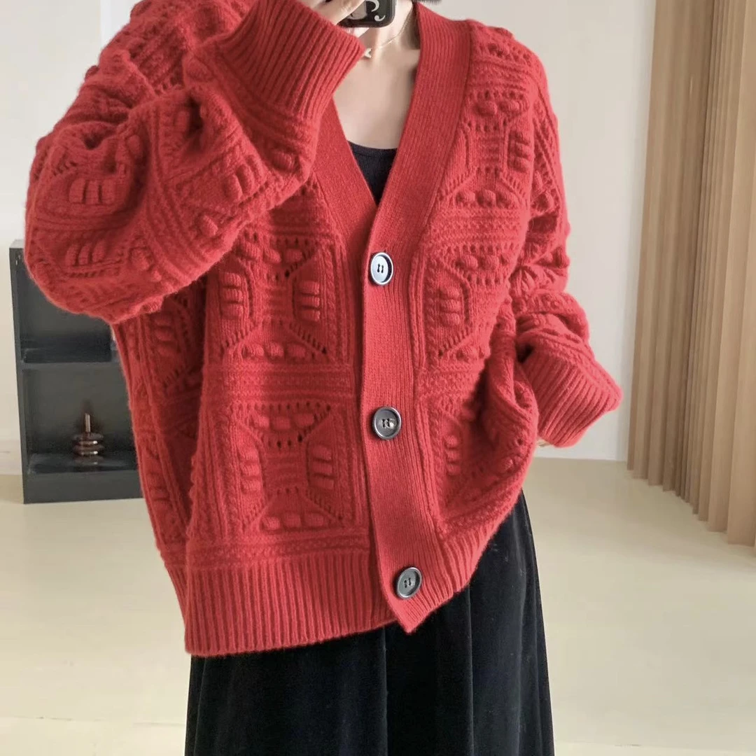 宽松慵懒风V领针织开衫外套女696