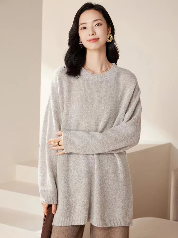 高端中长款圆领宽松臻绒5986女落肩袖毛衣秋冬打底针织衫