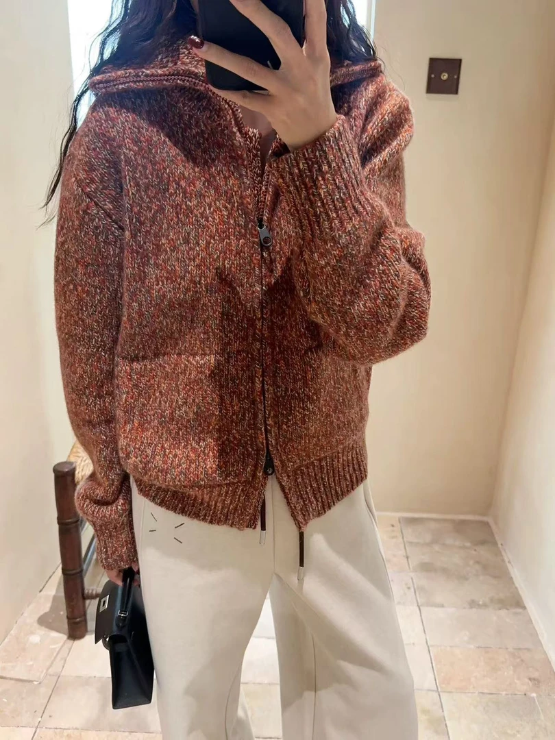 杨幂同款 复古老钱风高级混彩花纱拉链翻领6418毛衣