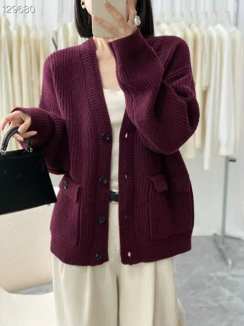 欧洲站2024冬季新款欧货慵懒风双口袋V领单排针织开衫女潮6334