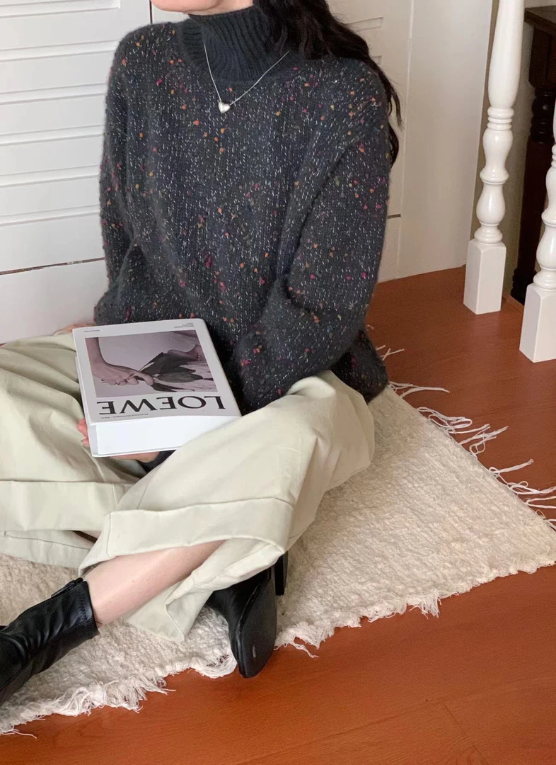 法式慵懒风豆豆毛衣秋冬宽松外穿针织衫套头圆领上衣1673