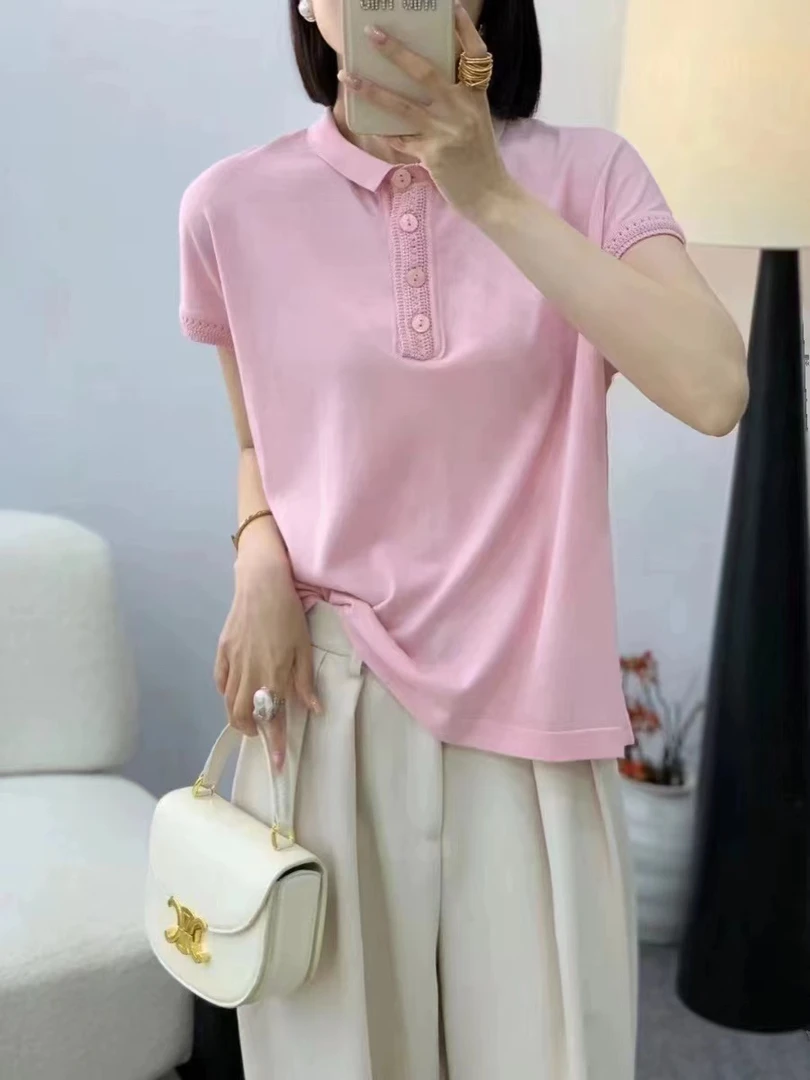法式甜美俏皮减龄手工钩花T恤薄款短袖针织polo衫女2024夏5844