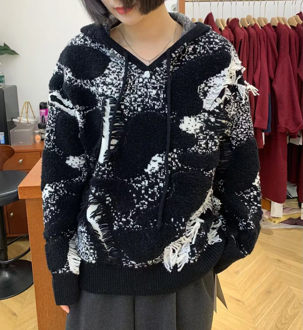 重磅新款慵懒风宽松显瘦连帽针织毛衣女6766