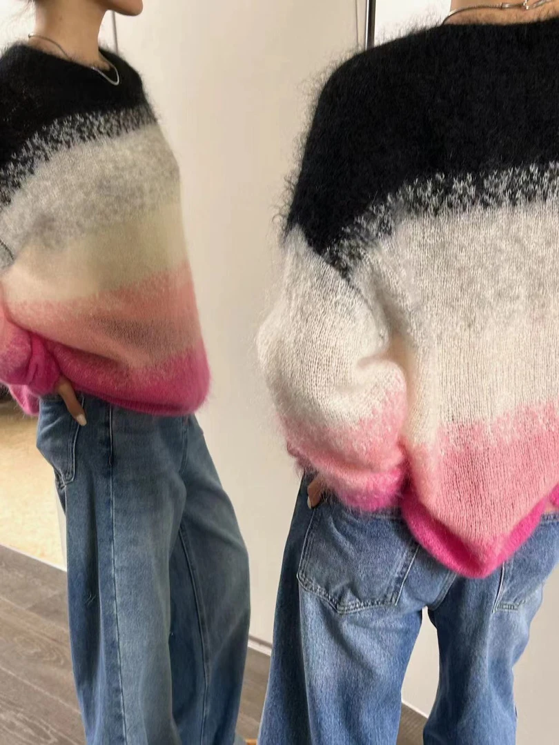 渐变条纹彩纱花纱段染设计感毛衣针织衫女4285