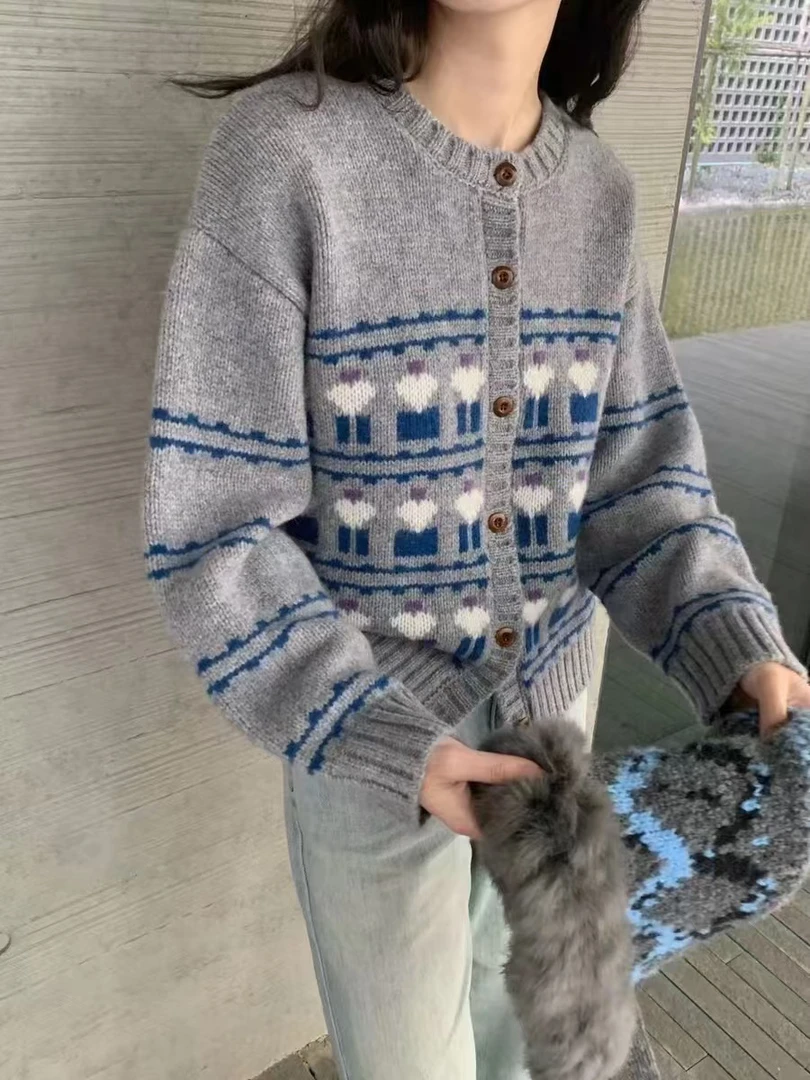 韩提花针织开衫女2024秋宽松百搭慵懒减龄加厚毛衣外套5491