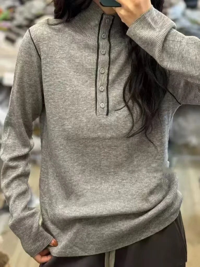 韩货2024秋冬新款 撞色边半扣中领坑条水溶6419针织衫打底衫上衣