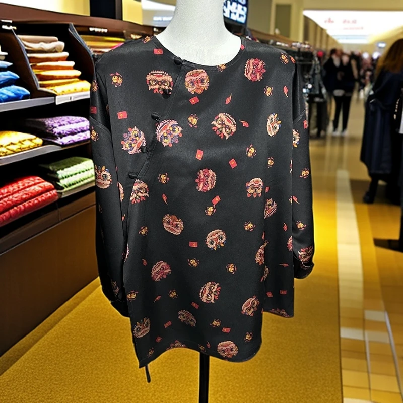 皮子50姆米醒狮五幅扣毛衫上衣新中式女装