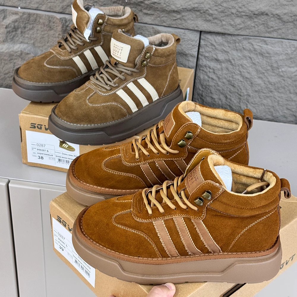 真皮加绒厚底高帮鞋女2024冬季新款显瘦雪地靴保暖棉鞋12570