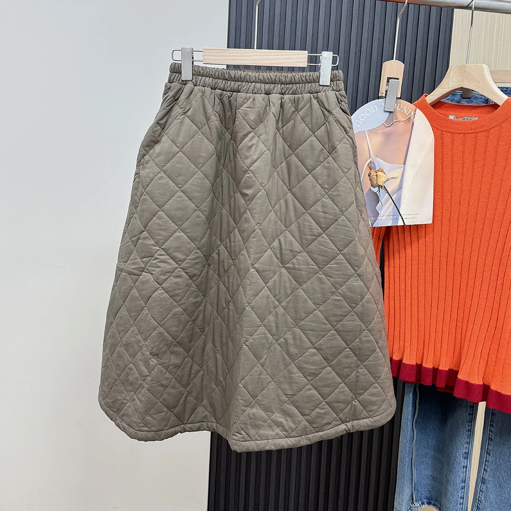 秋冬夹棉菱格保暖半身裙女气质显瘦大摆A字裙12782