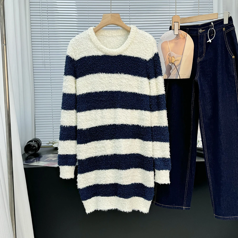 圆领套头条纹长袖直筒秋冬加绒加厚家居连衣裙22017