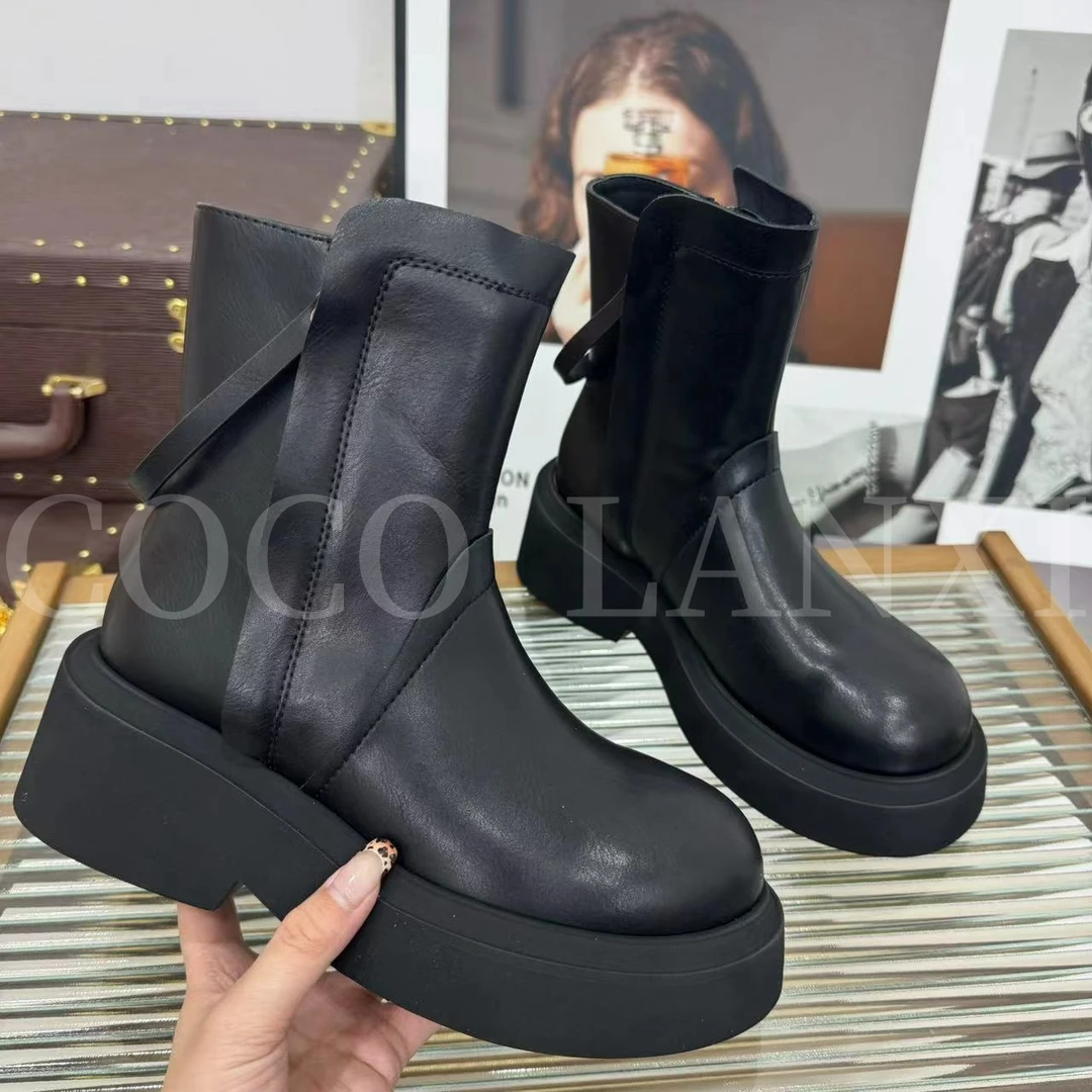 【沐风】时尚百搭黑色真皮厚底英伦风秋冬圆头短靴24XZ585LX