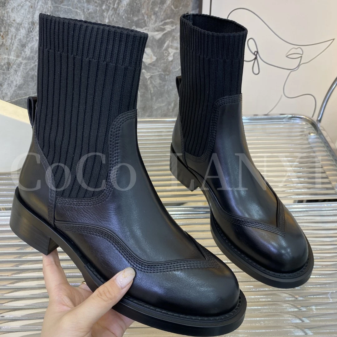 【沐风】英伦风靴子黑色瘦瘦靴时尚百搭圆头弹力靴23X126