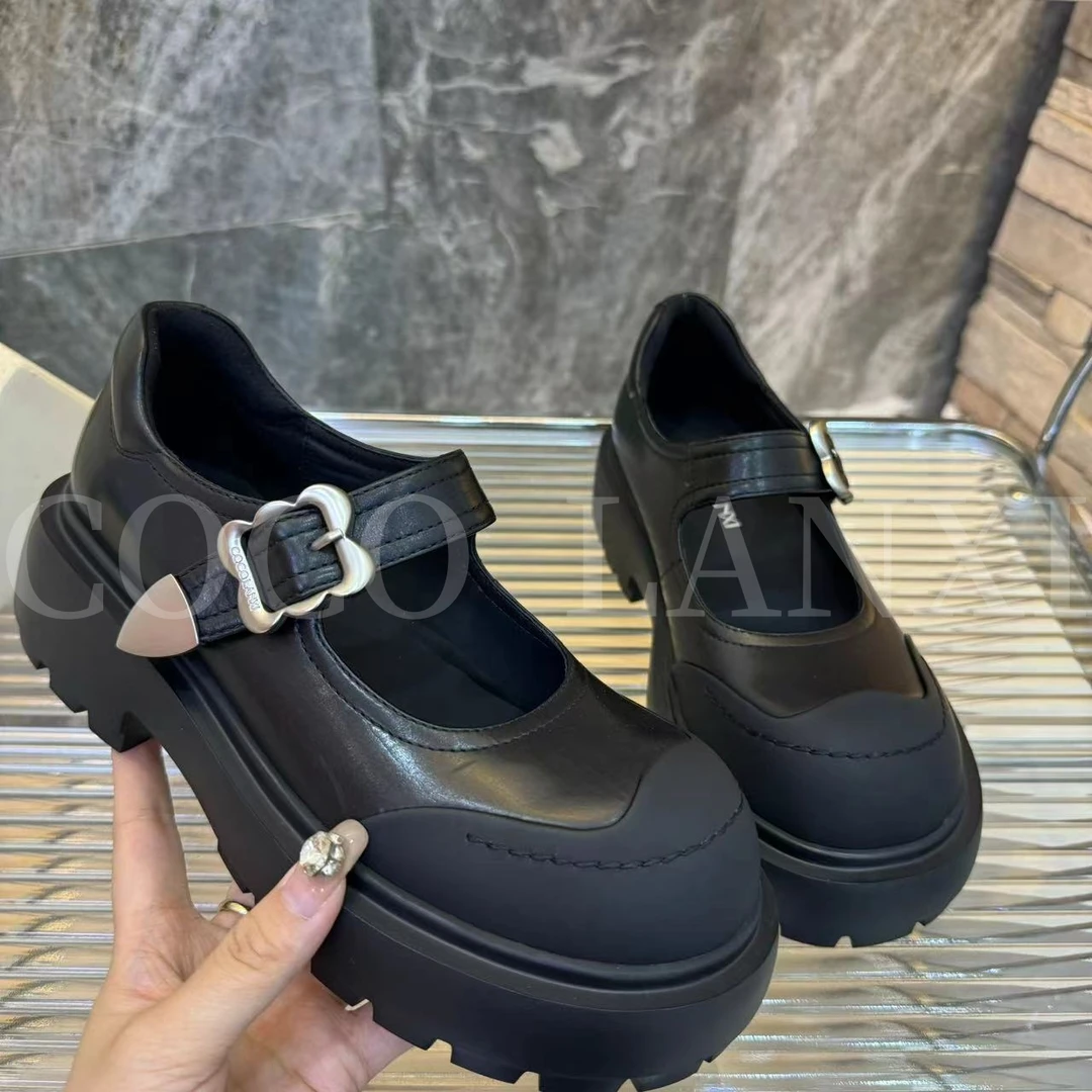 【沐风】圆头乐福鞋厚底乐福鞋时尚休闲百搭真皮黑色24LF300LX