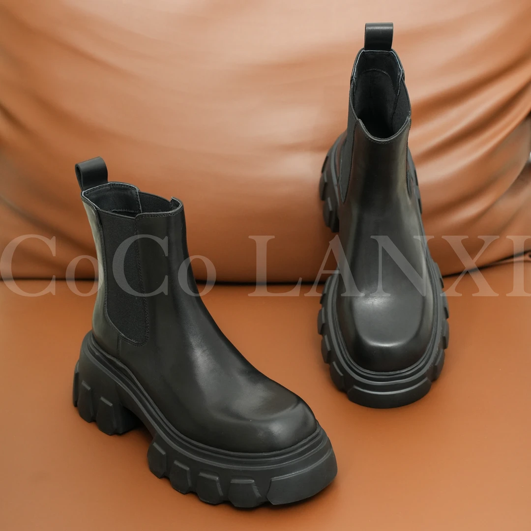 【沐风】气质真皮简约帅短靴英伦风烟筒靴时尚高跟厚底23X243