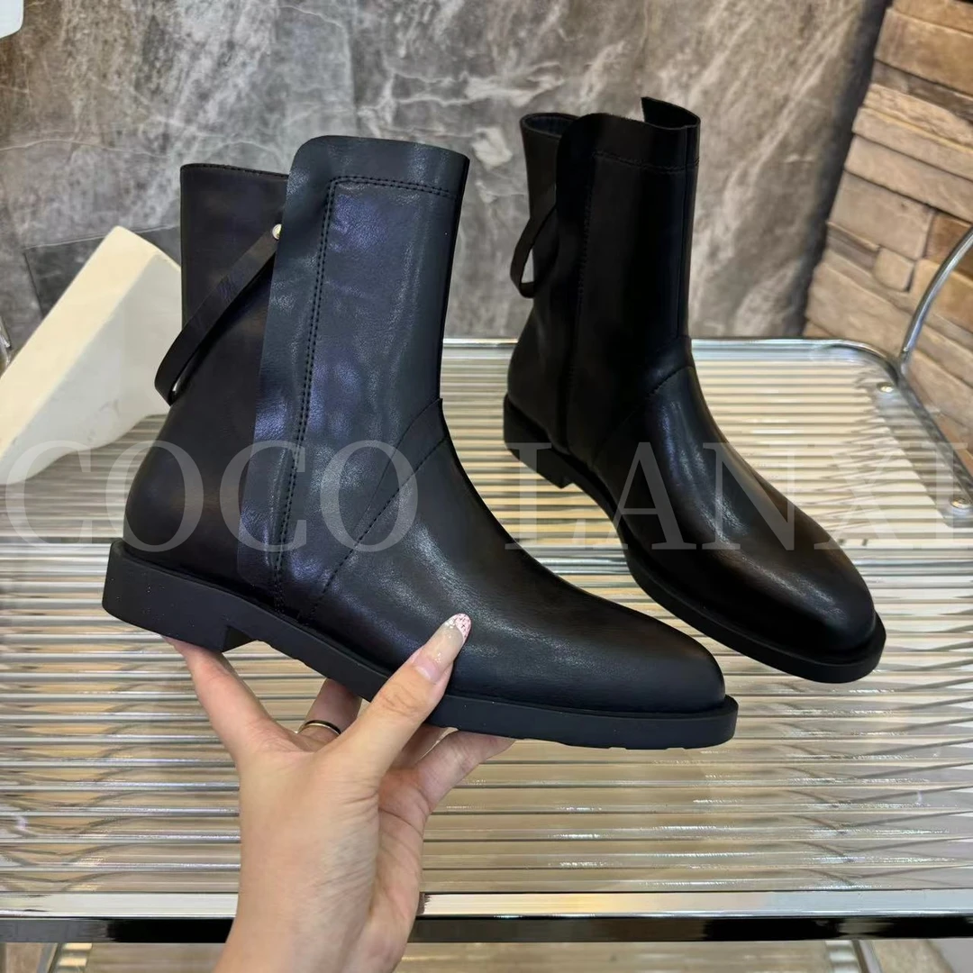 【里安】时尚百搭黑色真皮粗跟英伦风秋冬圆头短靴24XZ533LX